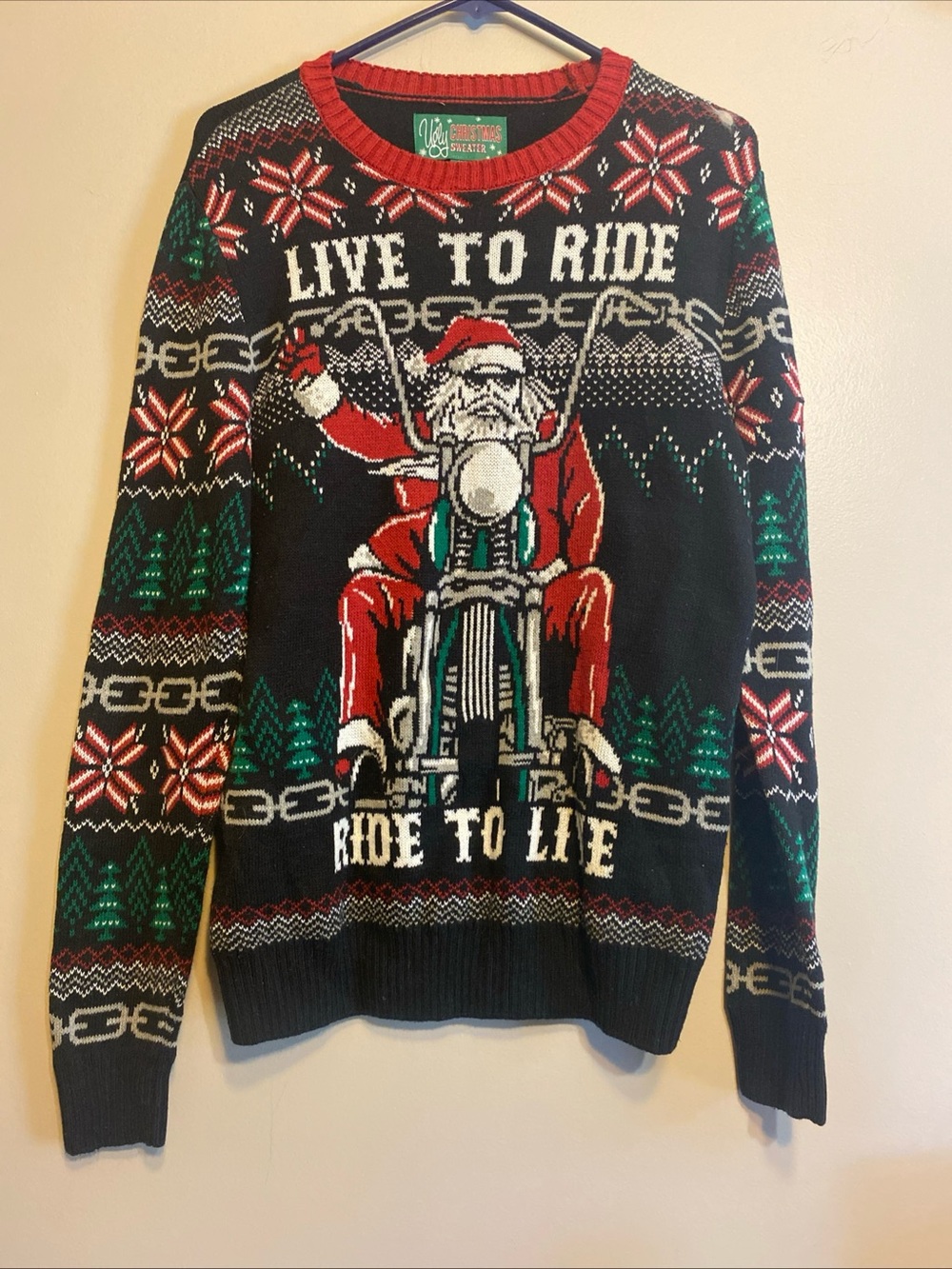 Santa Motorcycle Men’s S Ugly Sweater‎ Live To Ride Christmas Black Green Red